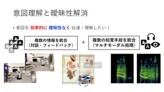 Which?
意図理解と曖昧性解消
• 意図を 効率的に 曖昧性なく 伝達・理解したい！
複数の情報を統合
（対話・フィードバック）
複数の知覚手段を統合
（マルチモーダル処理）
+
 