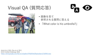 Visual QA (質問応答)
• 画像を見て
参照される質問に答える
• 「What color is his umbrella?」
Antol et al. 2015, Das et al. 2017,
ECCV VisDial Challenge 2018
https://drive.google.com/file/d/1xSzg8mJYPNSRXtkCRpduefplrrUTe0PW/view
 