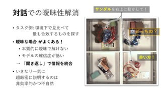 対話での曖昧性解消
• タスク例: 環境下で見比べて
最も合致するものを探す
• 曖昧な場合 がよくある！
• 本質的に曖昧で解けない
• モデルの確信度が低い
→ 「聞き返し」で情報を統合
• いきなり一気に
超厳密に説明するのは
非効率的かつ不自然
サンダルを右上に動かして！
赤い方！
どっちの？
 
