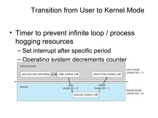 Transition from User to Kernel Mode


• Timer to prevent infinite loop / process
  hogging resources
  – Set interrupt after specific period
  – Operating system decrements counter
  – When counter zero generate an interrupt
  – Set up before scheduling process to regain
    control or terminate program that exceeds
    allotted time
 