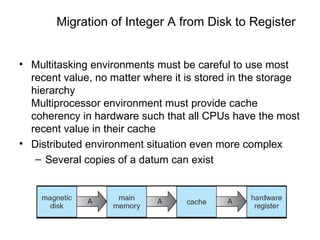 Migration of Integer A from Disk to Register


• Multitasking environments must be careful to use most
  recent value, no matter where it is stored in the storage
  hierarchy
  Multiprocessor environment must provide cache
  coherency in hardware such that all CPUs have the most
  recent value in their cache
• Distributed environment situation even more complex
   – Several copies of a datum can exist
 