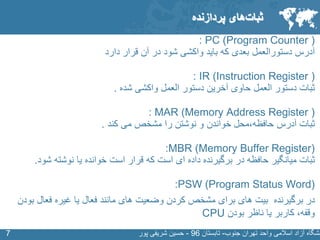 SLIDE MASTER – COVERPAGE
‫جنوب‬ ‫تهران‬ ‫واحد‬ ‫اسالمی‬ ‫آزاد‬ ‫نشگاه‬-‫تابستان‬96-‫پور‬ ‫شریفی‬ ‫حسین‬77
PC (Program Counter ):
‫آدرس‬‫باید‬ ‫که‬ ‫بعدی‬ ‫دستورالعمل‬‫واکشی‬‫قرار‬ ‫آن‬ ‫در‬ ‫شود‬‫دارد‬
IR (Instruction Register ):
‫ثبات‬‫دستور‬‫العمل‬‫دستور‬ ‫آخرین‬ ‫حاوی‬‫العمل‬‫واکشی‬‫شده‬.
MAR (Memory Address Register ):
‫ثبات‬‫آدرس‬‫حافظه،محل‬‫کند‬ ‫می‬ ‫مشخص‬ ‫را‬ ‫نوشتن‬ ‫و‬ ‫خواندن‬.
MBR (Memory Buffer Register):
‫ثبات‬‫میانگیر‬‫در‬ ‫حافظه‬‫شود‬ ‫نوشته‬ ‫یا‬ ‫خوانده‬ ‫است‬ ‫قرار‬ ‫که‬ ‫است‬ ‫ای‬ ‫داده‬ ‫برگیرنده‬.
PSW (Program Status Word):
‫ب‬ ‫فعال‬ ‫غیره‬ ‫یا‬ ‫فعال‬ ‫مانند‬ ‫های‬ ‫وضعیت‬ ‫کردن‬ ‫مشخص‬ ‫برای‬ ‫های‬ ‫بیت‬ ‫برگیرنده‬ ‫در‬‫ودن‬
‫بودن‬ ‫ناظر‬ ‫یا‬ ‫کاربر‬ ،‫وقفه‬CPU
‫های‬‫ثبات‬‫پردازنده‬
 