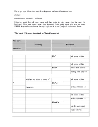 Use to get input (data from user) from keyboard and store (data) to variable.
Syntax:
read variable1, variable2,...variableN
Following script first ask user, name and then waits to enter name from the user via
keyboard. Then user enters name from keyboard (after giving name you have to press
ENTER key) and entered name through keyboard is stored (assigned) to variable fname
Wild cards (Filename Shorthand or Meta Characters)
Wild card
Meaning Examples
/Shorthand
$ ls * will show all files
will show all files
$ ls a* whose first name is
starting with letter 'a'
Matches any string or group of
* $ ls *.c
will show all files
characters. having extension .c
will show all files
$ ls ut*.c
having extension .c
but file name must
begin with 'ut'.
 