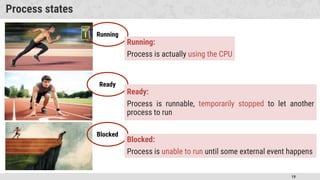 19
Process states
Blocked
Running
Ready
Blocked:
Process is unable to run until some external event happens
Ready:
Process is runnable, temporarily stopped to let another
process to run
Running:
Process is actually using the CPU
 