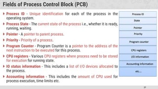 27
Fields of Process Control Block (PCB)
 Process ID - Unique identification for each of the process in the
operating system.
 Process State - The current state of the process i.e., whether it is ready,
running, waiting.
 Pointer - A pointer to parent process.
 Priority - Priority of a process.
 Program Counter - Program Counter is a pointer to the address of the
next instruction to be executed for this process.
 CPU registers - Various CPU registers where process need to be stored
for execution for running state.
 IO status information - This includes a list of I/O devices allocated to
the process.
 Accounting information - This includes the amount of CPU used for
process execution, time limits etc.
 