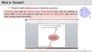 31
What is Threads?
 Thread is light weight process created by a process.
Processes are used to execute large, ‘heavyweight’ jobs such as working in
word, while threads are used to carry out smaller or ‘lightweight’ jobs such as
auto saving a word document.
Threads
 