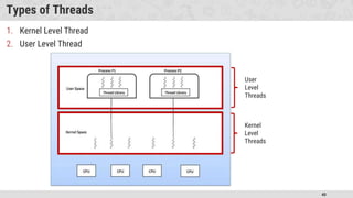 40
Types of Threads
1. Kernel Level Thread
2. User Level Thread
User
Level
Threads
Kernel
Level
Threads
 