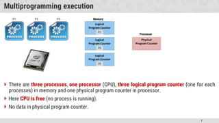 7
Multiprogramming execution
 There are three processes, one processor (CPU), three logical program counter (one for each
processes) in memory and one physical program counter in processor.
 Here CPU is free (no process is running).
 No data in physical program counter.
Physical
Program Counter
Logical
Program Counter
Logical
Program Counter
Logical
Program Counter
P1 P2 P3 Memory
Processor
P1
P2
P3
 