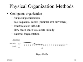 Physical Organization Methods Contiguous organization Simple implementation Fast sequential access (minimal arm movement) Insert/delete is difficult How much space to allocate initially External fragmentation Figure 10-12a 