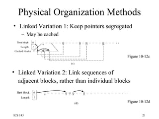Physical Organization Methods Linked Variation 1: Keep pointers segregated May be cached Figure 10-12d Figure 10-12c Linked Variation 2: Link sequences of adjacent blocks, rather than individual blocks   