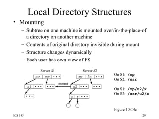 Local Directory Structures Mounting Subtree on one machine is mounted over/in-the-place-of a directory on another machine Contents of original directory invisible during mount Structure changes dynamically Each user has own view of FS Figure 10-14c On S1:  /mp On S2:  /usr On S1:  /mp/u2/x On S2:  /usr/u2/x 