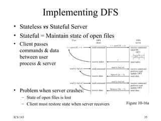 Implementing DFS Stateless  vs  Stateful Server Stateful = Maintain state of open files Client passes commands & data between user process & server Problem when server crashes: State of open files is lost Client must restore state when server recovers Figure 10-16a 
