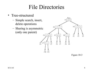 File Directories Tree-structured Simple search, insert, delete operations Sharing is asymmetric (only one parent) Figure 10-3 