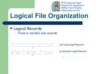 Logical File Organization Logical Records Fixed  or  variable-size  records Keyed  or  unkeyed  records File  names  and  types Logical file  organization Other file  attributes Operations  on files a)  Fixed  Length Record b)  Variable  Length Record c) Fixed Length with Key d) Variable Length with Key 