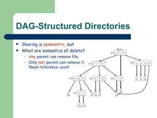 DAG-Structured Directories Sharing  is  symmetric , but What are semantics of  delete ? Any  parent  can remove file. Only  last   parent  can remove it. Need  reference count 
