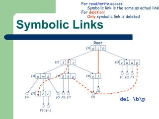 Symbolic Links F 4 a z b c n a p l r t e f h k p n m k q b c D 1 D 2 D 3 D 4 D 5 D 6 D 7 F 1 F 2 F 3 F 5 F 6 F 7 F 8 F 9 F 10 F 11 For  read / write  access: Symbolic link is the same as actual link For  deletion : Only  symbolic link is deleted del \b\p Root 