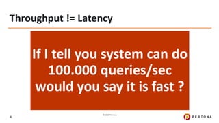 © 2020 Percona.
32
Throughput != Latency
If I tell you system can do
100.000 queries/sec
would you say it is fast ?
 
