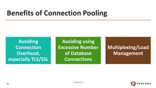 © 2020 Percona.
41
Benefits of Connection Pooling
Avoiding
Connection
Overhead,
especially TLS/SSL
Avoiding using
Excessive Number
of Database
Connections
Multiplexing/Load
Management
 