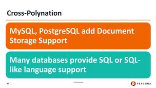 © 2020 Percona.
87
Cross-Polynation
MySQL, PostgreSQL add Document
Storage Support
Many databases provide SQL or SQL-
like language support
 