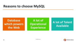 © 2020 Percona.
93
Reasons to choose MySQL
Database
which powers
the Web
A lot of
Operational
Experience
A lot of Talent
Available
 