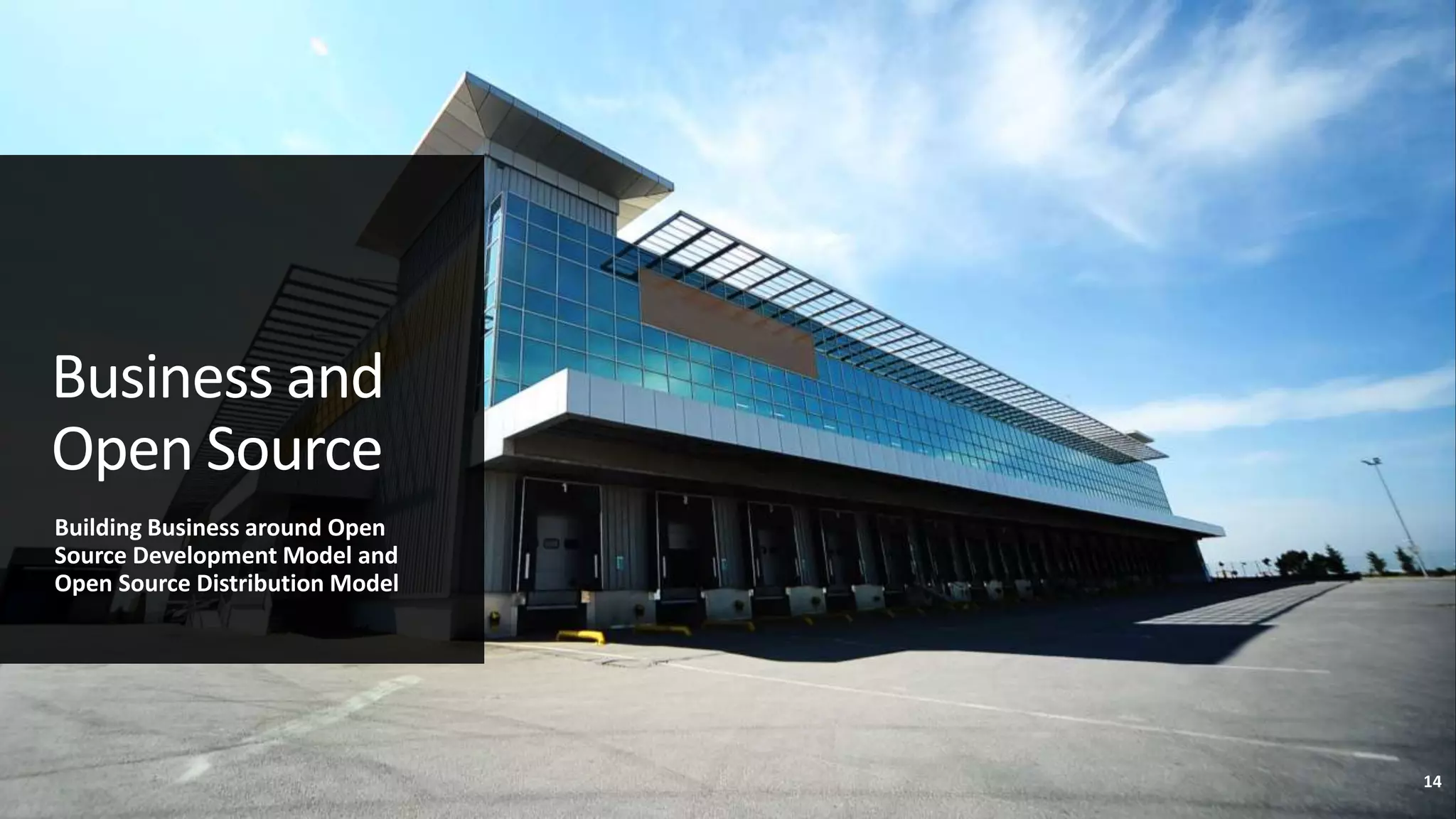 Business and
Open Source
Building Business around Open
Source Development Model and
Open Source Distribution Model
14
 