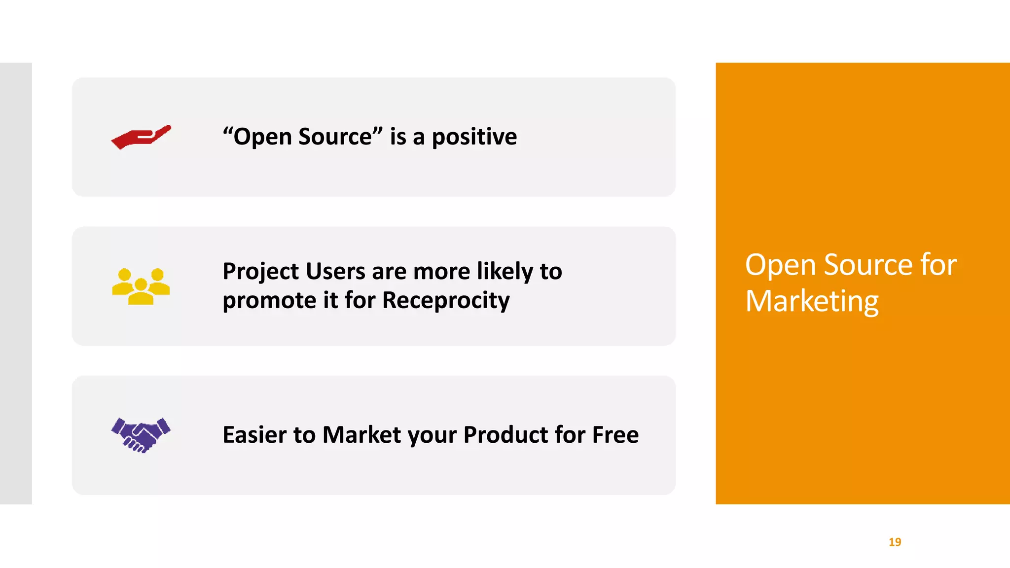 Open Source for
Marketing
19
“Open Source” is a positive
Project Users are more likely to
promote it for Receprocity
Easier to Market your Product for Free
 