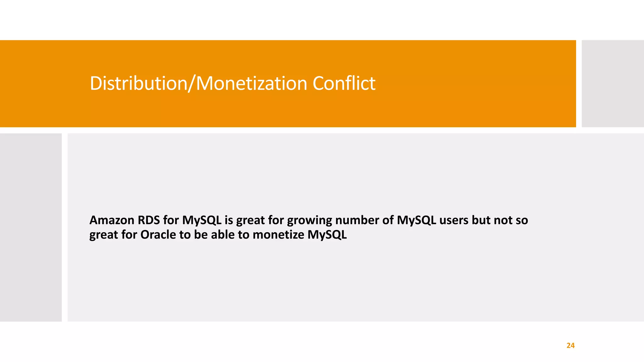 Distribution/Monetization Conflict
Amazon RDS for MySQL is great for growing number of MySQL users but not so
great for Oracle to be able to monetize MySQL
24
 