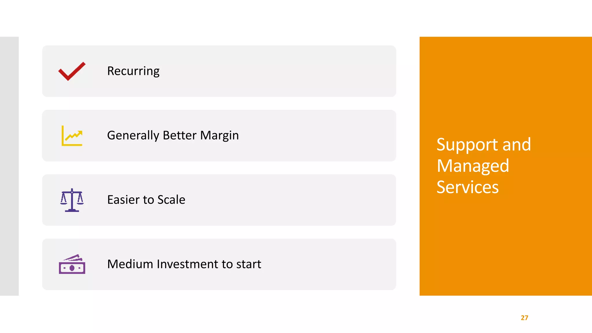 Support and
Managed
Services
27
Recurring
Generally Better Margin
Easier to Scale
Medium Investment to start
 