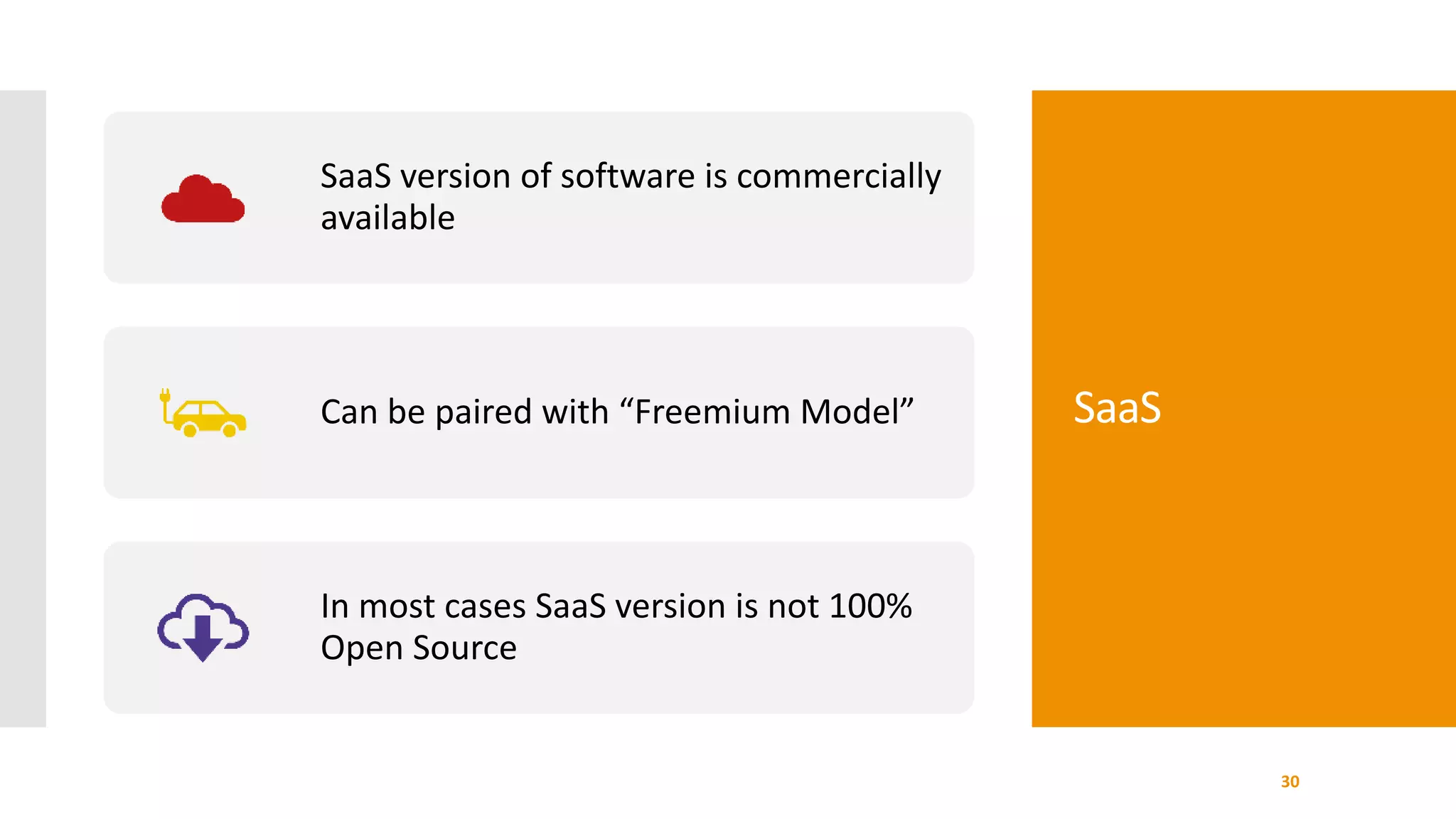 SaaS
30
SaaS version of software is commercially
available
Can be paired with “Freemium Model”
In most cases SaaS version is not 100%
Open Source
 