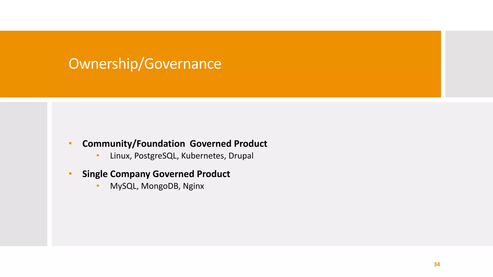 Ownership/Governance
• Community/Foundation Governed Product
• Linux, PostgreSQL, Kubernetes, Drupal
• Single Company Governed Product
• MySQL, MongoDB, Nginx
34
 
