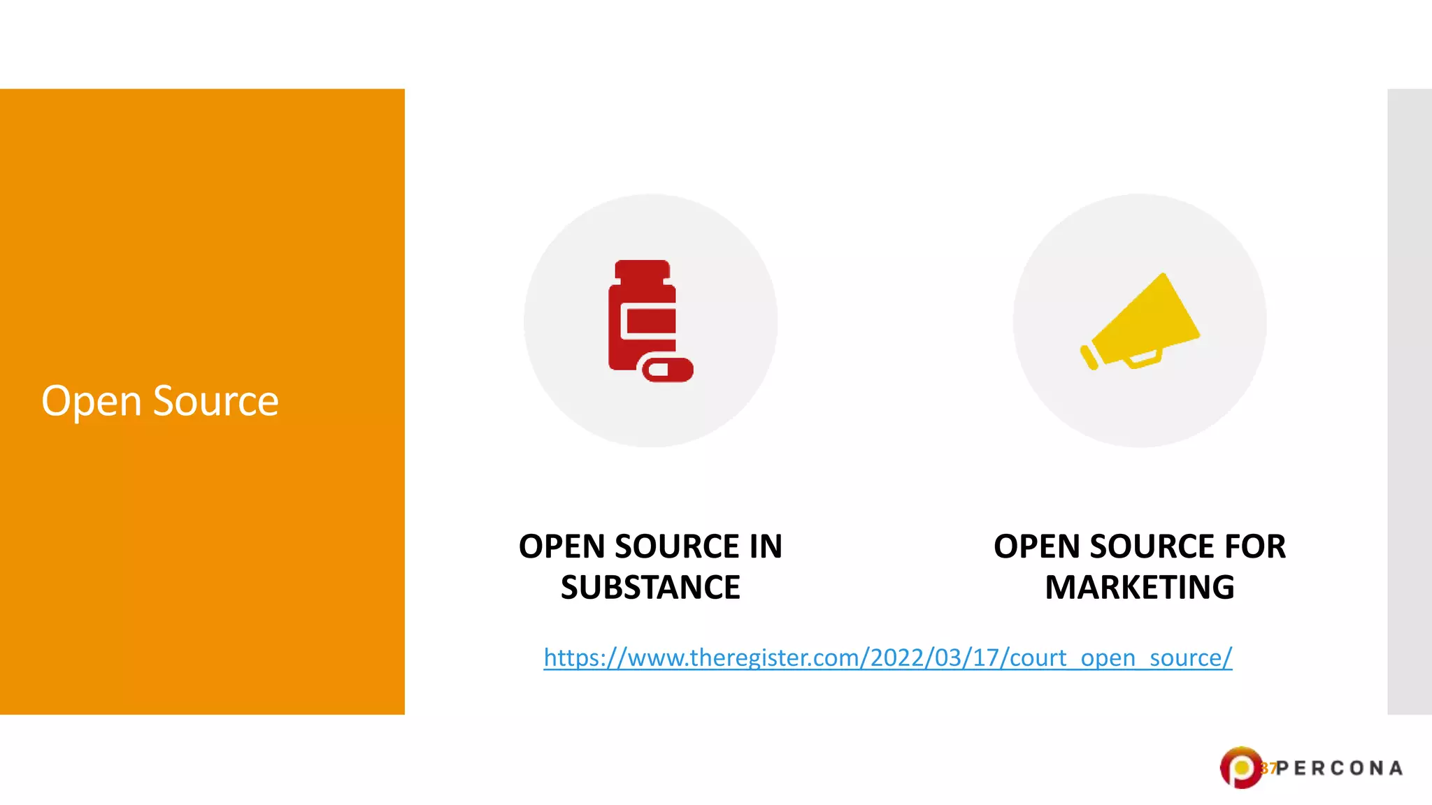 Open Source
37
OPEN SOURCE IN
SUBSTANCE
OPEN SOURCE FOR
MARKETING
https://www.theregister.com/2022/03/17/court_open_source/
 