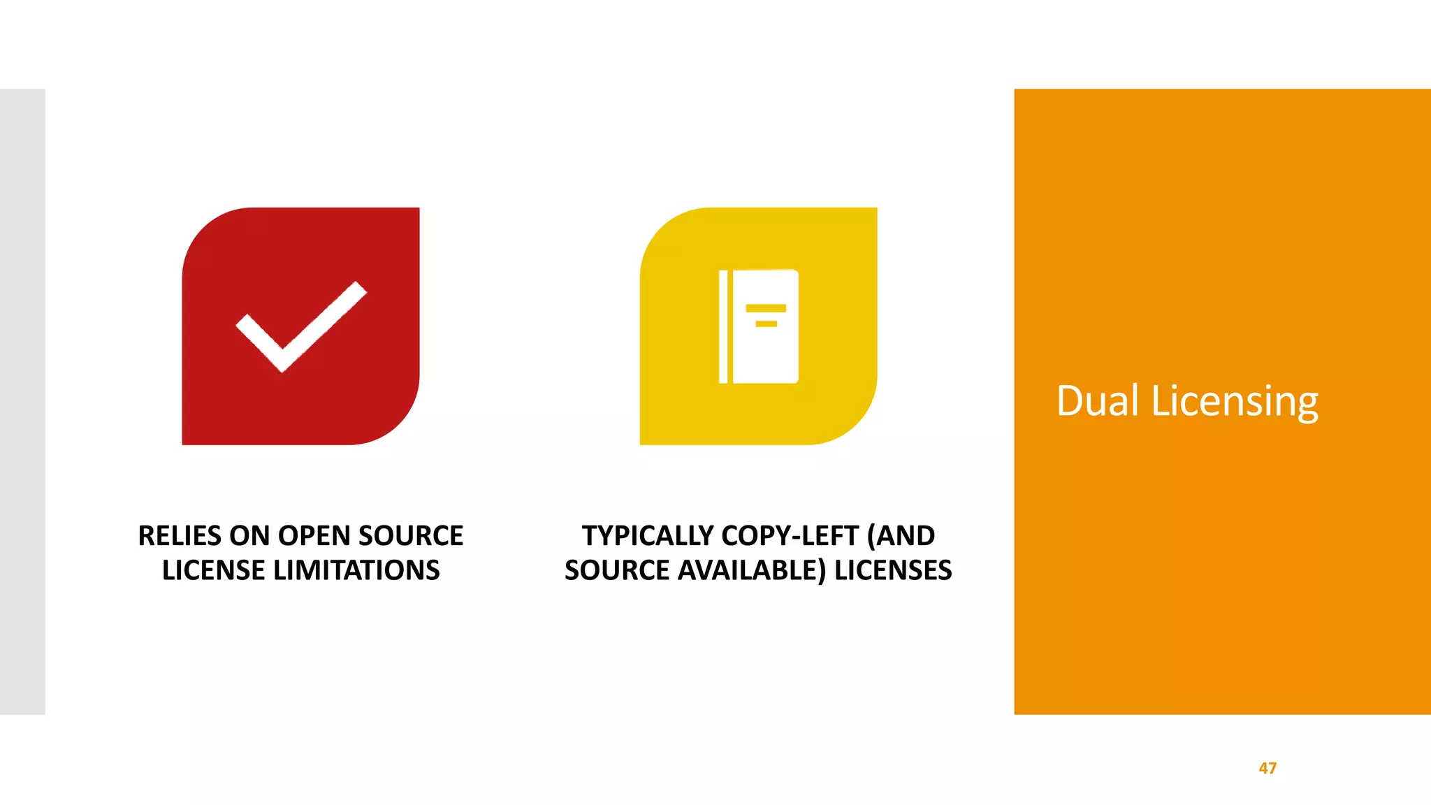 Dual Licensing
47
RELIES ON OPEN SOURCE
LICENSE LIMITATIONS
TYPICALLY COPY-LEFT (AND
SOURCE AVAILABLE) LICENSES
 