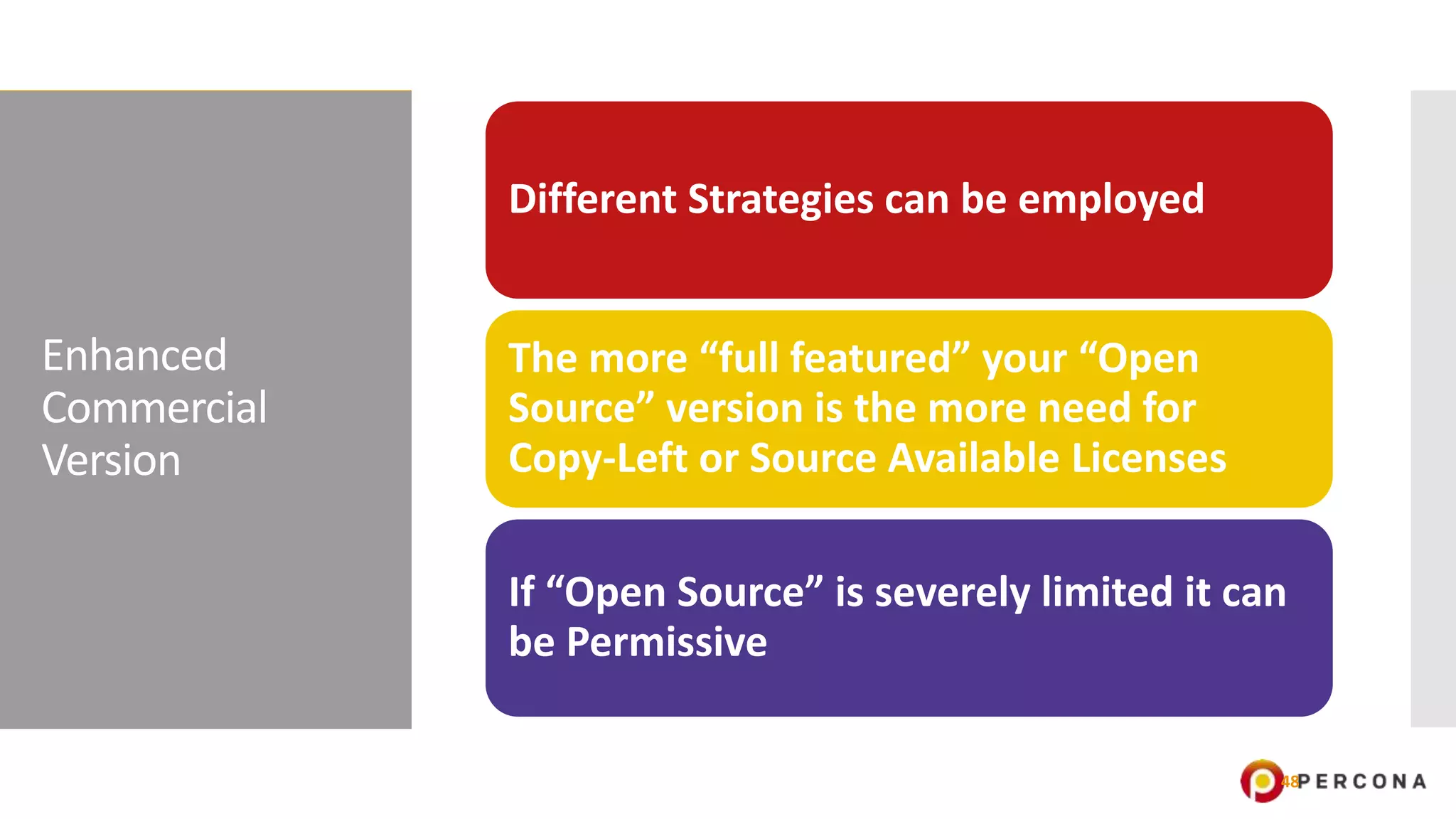 Enhanced
Commercial
Version
48
Different Strategies can be employed
The more “full featured” your “Open
Source” version is the more need for
Copy-Left or Source Available Licenses
If “Open Source” is severely limited it can
be Permissive
 