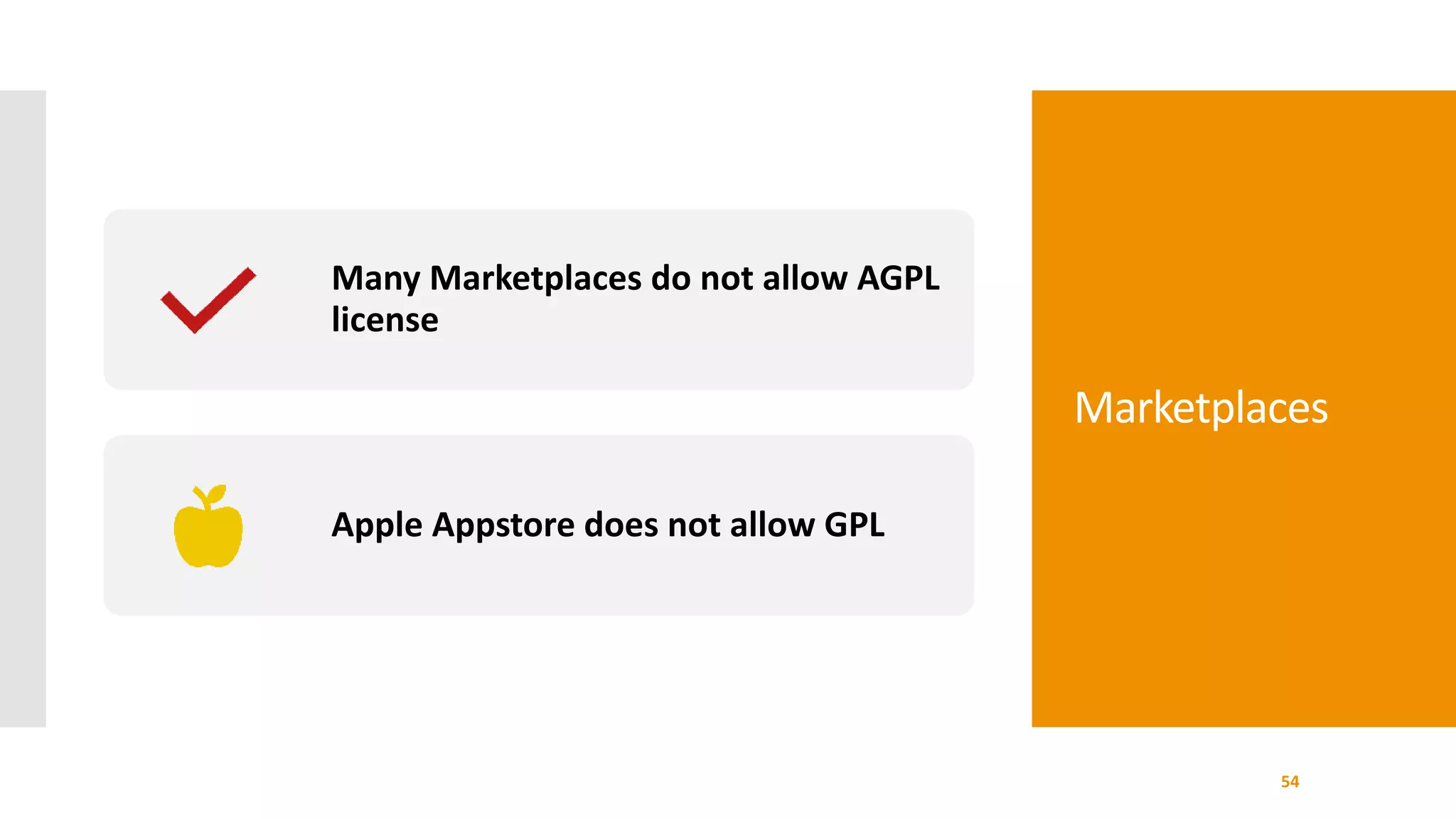 Marketplaces
54
Many Marketplaces do not allow AGPL
license
Apple Appstore does not allow GPL
 