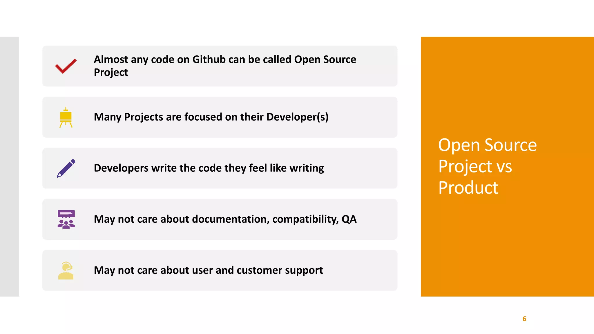 Open Source
Project vs
Product
6
Almost any code on Github can be called Open Source
Project
Many Projects are focused on their Developer(s)
Developers write the code they feel like writing
May not care about documentation, compatibility, QA
May not care about user and customer support
 