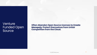 Venture
Funded Open
Source
Often Abandon Open Source Licenses to Create
Monopoly Protect themselves from Unfair
Competition from the Cloud.
© 2023 Percona 14
 