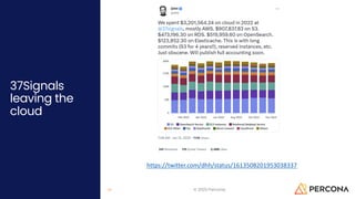 37Signals
leaving the
cloud
© 2023 Percona
19
https://twitter.com/dhh/status/1613508201953038337
 