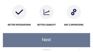 Next
© 2023 Percona 35
BETTER INTEGRATIONS BETTER USABILITY DAY 2 OPERATIONS
 