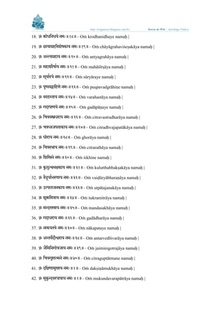 http://sriganesa.blogspot.com.br/

Karen de Witt – Astróloga Védica

18. ॐ क्रोधलनधये नमिः॥१८॥– Oṁ krodhanidhaye namaḥ |
19. ॐ छायाग्रहलवशेषकाय नमिः॥१९॥– Oṁ chāyāgrahaviśeṣakāya namaḥ |
20. ॐ अन्त्यग्रहाय नमिः॥२०॥– Oṁ antyagrahāya namaḥ |
21. ॐ महाशीषाभय नमिः॥२१॥– Oṁ mahāśīrṣāya namaḥ |
22. ॐ सूयाभरये नमिः॥२२॥– Oṁ sūryāraye namaḥ |
ु
23. ॐ ष्पवद्ग्रालहर्े नमिः॥२३॥– Oṁ puṣpavadgrāhiṇe namaḥ |
24. ॐ वरहस्ताय नमिः॥२४॥– Oṁ varahastāya namaḥ |
25. ॐ गदा ार्ये नमिः॥२५॥– Oṁ gadāpāṇaye namaḥ |
26. ॐ लित्रवस्त्रधराय नमिः॥२६॥– Oṁ citravastradharāya namaḥ |
27. ॐ ित्रध्वज ताकाय नमिः॥२७॥– Oṁ citradhvajapatākāya namaḥ |
28. ॐ घोराय नमिः॥२८॥– Oṁ ghorāya namaḥ |
29. ॐ लित्ररथाय नमिः॥२९॥– Oṁ citrarathāya namaḥ |
30. ॐ लशलिने नमिः॥३०॥– Oṁ śikhine namaḥ |
31. ॐ कुलुत्थर्क्षकाय नमिः॥३१॥– Oṁ kulutthabhakṣakāya namaḥ |
32. ॐ वैडूयाभर्रर्ाय नमिः॥३२॥– Oṁ vaiḍūryābharaṇāya namaḥ |
33. ॐ उत्पातजनकाय नमिः॥३३॥– Oṁ utpātajanakāya namaḥ |
ु
34. ॐ शक्रलमत्राय नमिः॥३४॥– Oṁ śukramitrāya namaḥ |
35. ॐ मन्दसिाय नमिः॥३५॥– Oṁ mandasakhāya namaḥ |
36. ॐ गदाधराय नमिः॥३६॥– Oṁ gadādharāya namaḥ |
37. ॐ नाक तये नमिः॥३७॥– Oṁ nākapataye namaḥ |
38. ॐ अन्तवेदीश्वराय नमिः॥३८॥– Oṁ antarvedīśvarāya namaḥ |
39. ॐ ज ैलमलनगोत्रजाय नमिः॥३९॥– Oṁ jaiminigotrajāya namaḥ |
ु
40. ॐ लित्रगप्तात्मने नमिः॥४०॥– Oṁ citraguptātmane namaḥ |
ु
41. ॐ दलक्षर्ामिाय नमिः॥१॥– Oṁ dakṣiṇāmukhāya namaḥ |
ु
42. ॐ मकुन्दवर ात्राय नमिः॥१॥– Oṁ mukundavarapātrāya namaḥ |

 