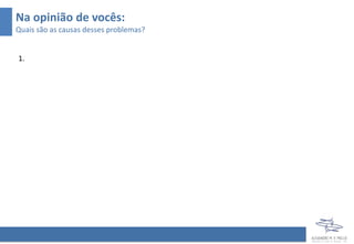 1.
Na opinião de vocês:
Quais são as causas desses problemas?
 