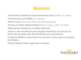 Resumo
•Tratamento completo de rejuvenescimento facial (ambos os sexos);
•Formula única com DMAE (uso tópico);
•Fácil de usar (tratamento feito pela própria pessoa);
•Produz um efeito Lifting imediato (estica e ergue a pele do rosto);
•Não estamos falando de um Efeito Cinderela.
•Trata-se, não somente de uma retração temporária, mas sim de um
efeito que vai surgir entre 30 e 60 dias de uso e permanecer.
•A ação do DMAE é muito menos no músculo e muito mais na produção
de colágeno.
•Elimina flacidez facial, rugas finas e olheiras;
 