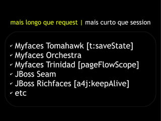 mais longo que request | mais curto que session


✔ Myfaces Tomahawk [t:saveState]
✔ Myfaces Orchestra

✔ Myfaces Trinidad [pageFlowScope]

✔ JBoss Seam

✔ JBoss Richfaces [a4j:keepAlive]

✔ etc
 