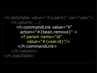 <h:dataTable value="#{users}" var="user">
   <h:column ...>
     <h:commandLink value="X"
       action="#{bean.remove}" >
       <f:param name="id"
           value="#{user.id}"/>
      </h:commandLink>
   </h:column>
</h:dataTable>
 