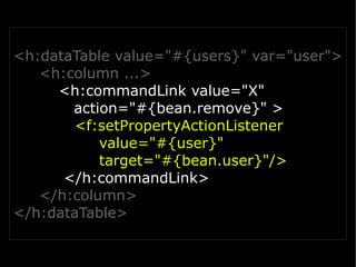 <h:dataTable value="#{users}" var="user">
   <h:column ...>
     <h:commandLink value="X"
       action="#{bean.remove}" >
       <f:setPropertyActionListener
           value="#{user}"
           target="#{bean.user}"/>
      </h:commandLink>
   </h:column>
</h:dataTable>
 