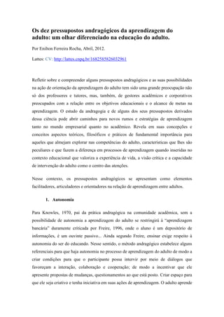 Os dez pressupostos andragógicos da aprendizagem do adulto | PDF