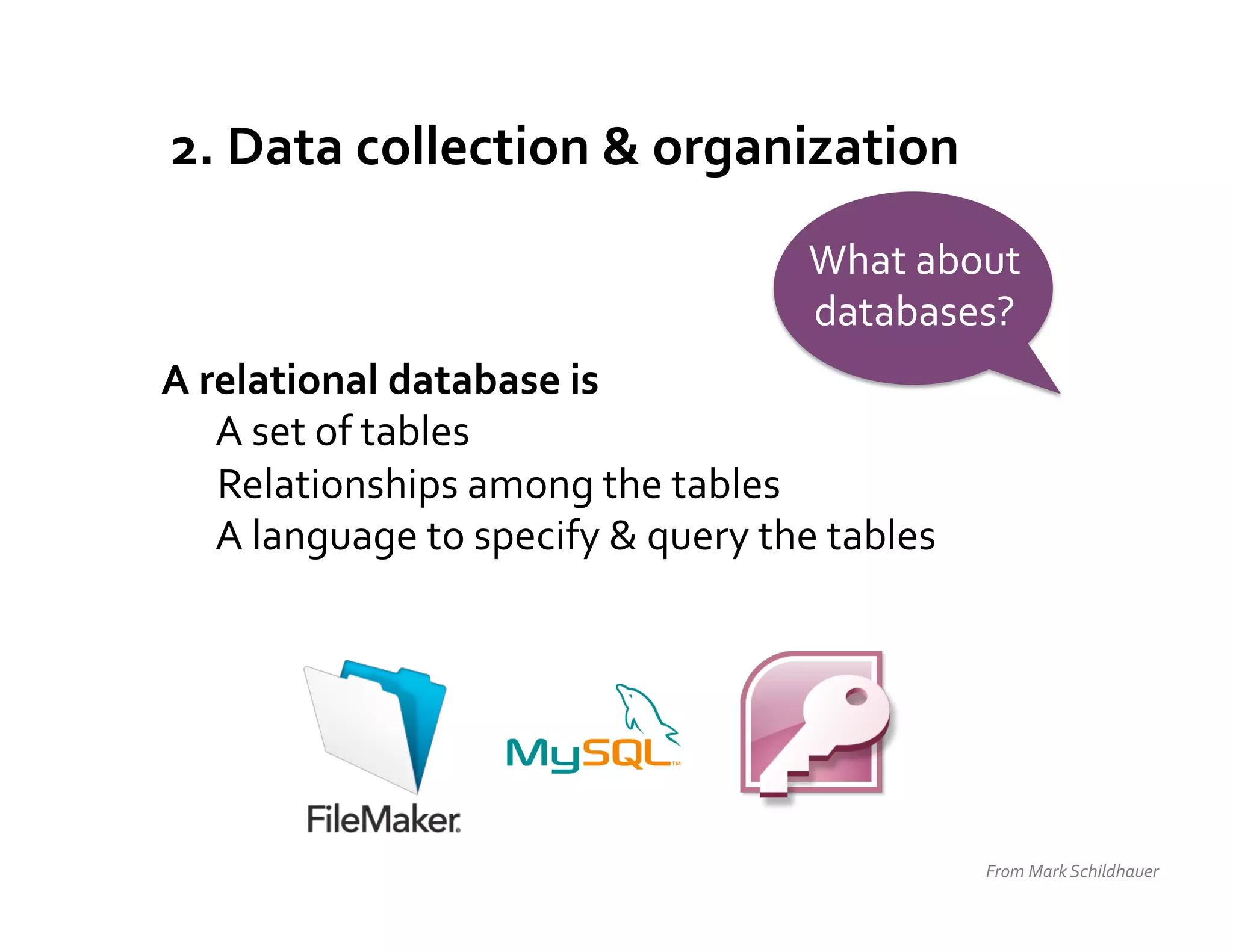 2.	
  Data	
  collection	
  &	
  organization	
  
                                                             What	
  about	
  
                                                             databases?	
  
A	
  relational	
  database	
  is	
  	
  
      	
  A	
  set	
  of	
  tables	
  
      	
  Relationships	
  among	
  the	
  tables	
  
      	
  A	
  language	
  to	
  specify	
  &	
  query	
  the	
  tables	
  




                                                                              From	
  Mark	
  Schildhauer	
  
 