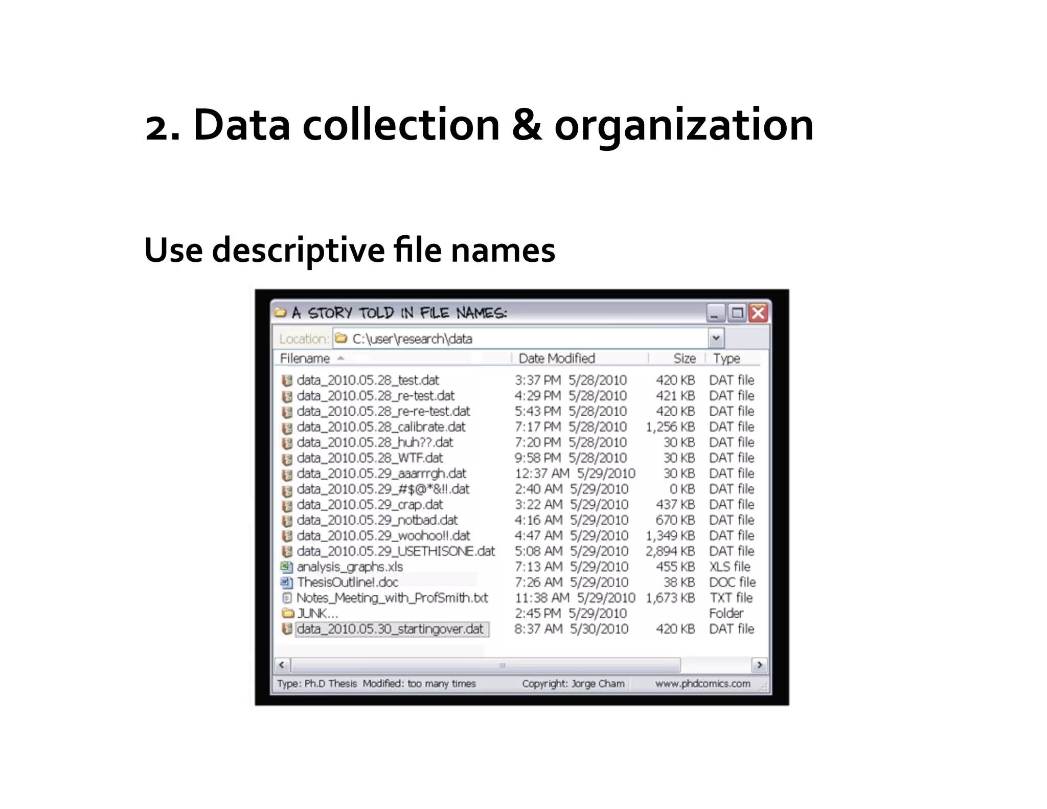 2.	
  Data	
  collection	
  &	
  organization	
  

Use	
  descriptive	
  ﬁle	
  names	
  




                                         PhDcomics.com	
  
 