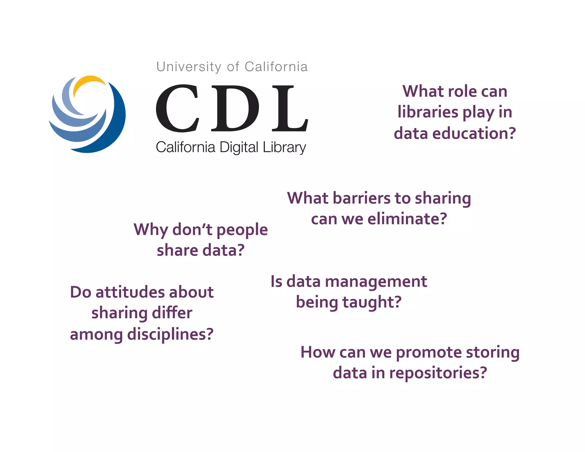 What	
  role	
  can	
  
                                                             libraries	
  play	
  in	
  
                                                             data	
  education?	
  


                                         What	
  barriers	
  to	
  sharing	
  
                                           can	
  we	
  eliminate?	
  
            Why	
  don’t	
  people	
  
              share	
  data?	
  
                                     Is	
  data	
  management	
  
Do	
  attitudes	
  about	
  
                                            being	
  taught?	
  
  sharing	
  diﬀer	
  
among	
  disciplines?	
  
                                           How	
  can	
  we	
  promote	
  storing	
  
                                              data	
  in	
  repositories?	
  
 