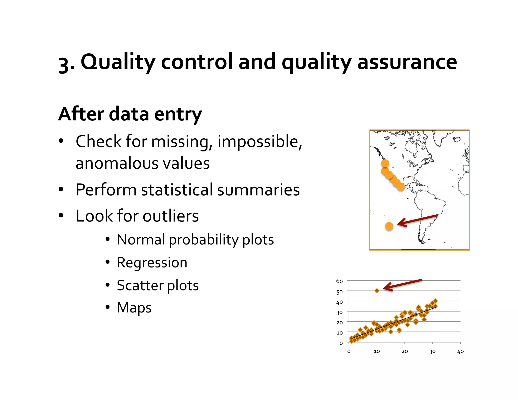 3.	
  Quality	
  control	
  and	
  quality	
  assurance	
  

After	
  data	
  entry	
  
•  Check	
  for	
  missing,	
  impossible,	
  
   anomalous	
  values	
  
•  Perform	
  statistical	
  summaries	
  	
  
•  Look	
  for	
  outliers	
  
        •  Normal	
  probability	
  plots	
  
        •  Regression	
  
        •  Scatter	
  plots	
                    60	
  
                                                 50	
  
                                                 40	
  
        •  Maps	
                                30	
  
                                                 20	
  
                                                 10	
  
                                                   0	
  
                                                           0	
     10	
     20	
     30	
     40	
  




	
  
 