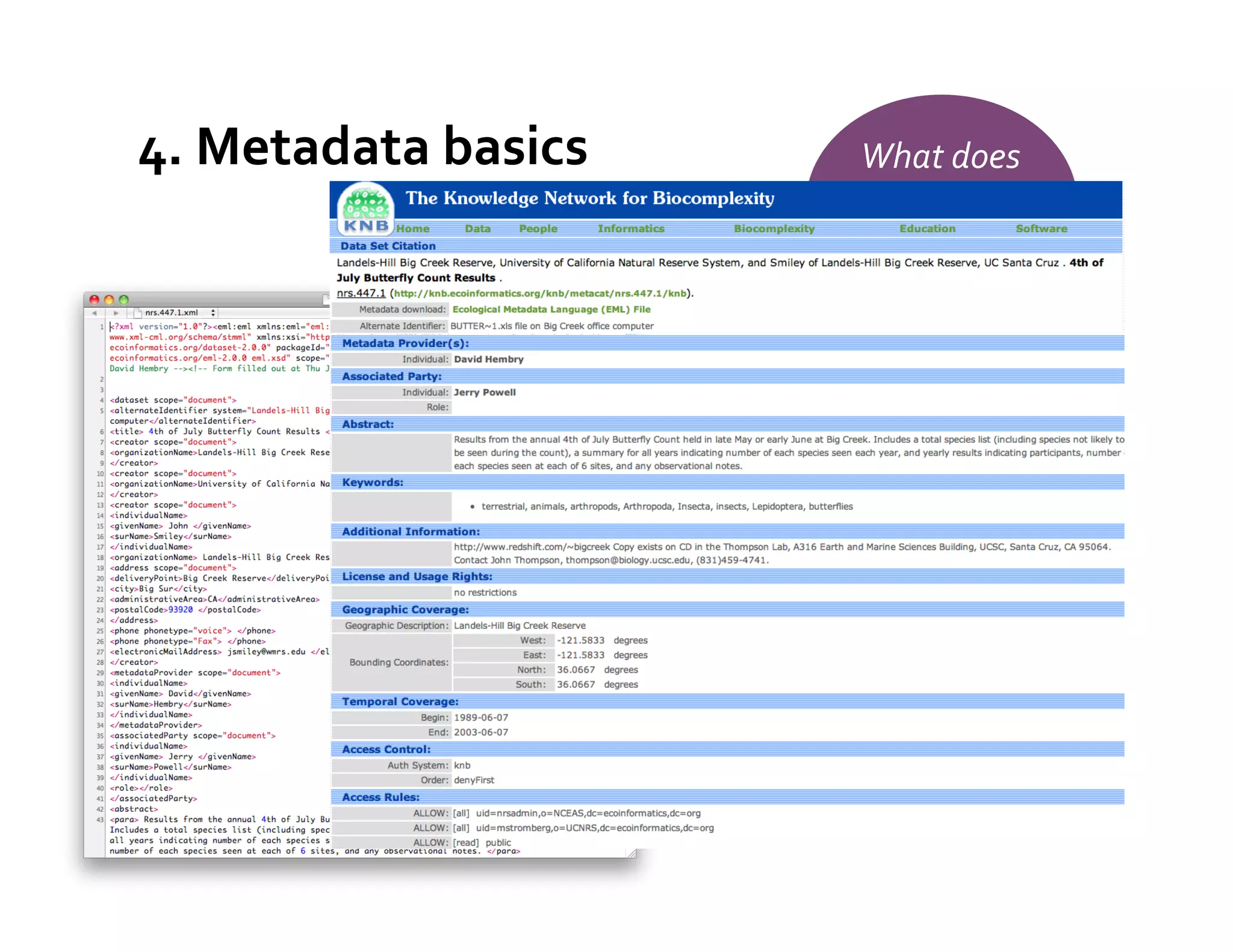 4.	
  Metadata	
  basics	
     What	
  ds	
  a	
  
                               What	
  ioes	
  
                               metadata	
  
                               standard?	
  
                               look	
  like?	
  
 